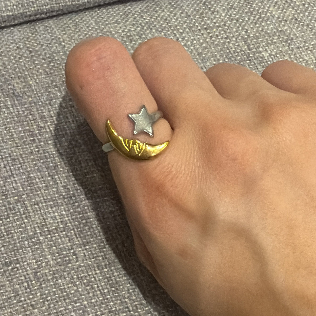 Two-Tone Moon & Star Ring
