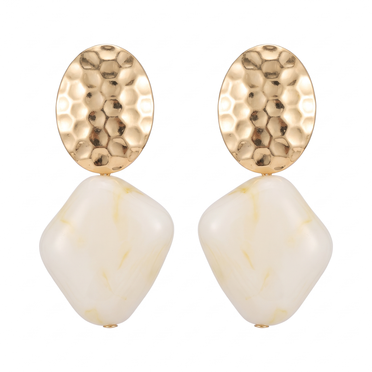 Gold Hammered Oval & White Stone Earrings — studio picture