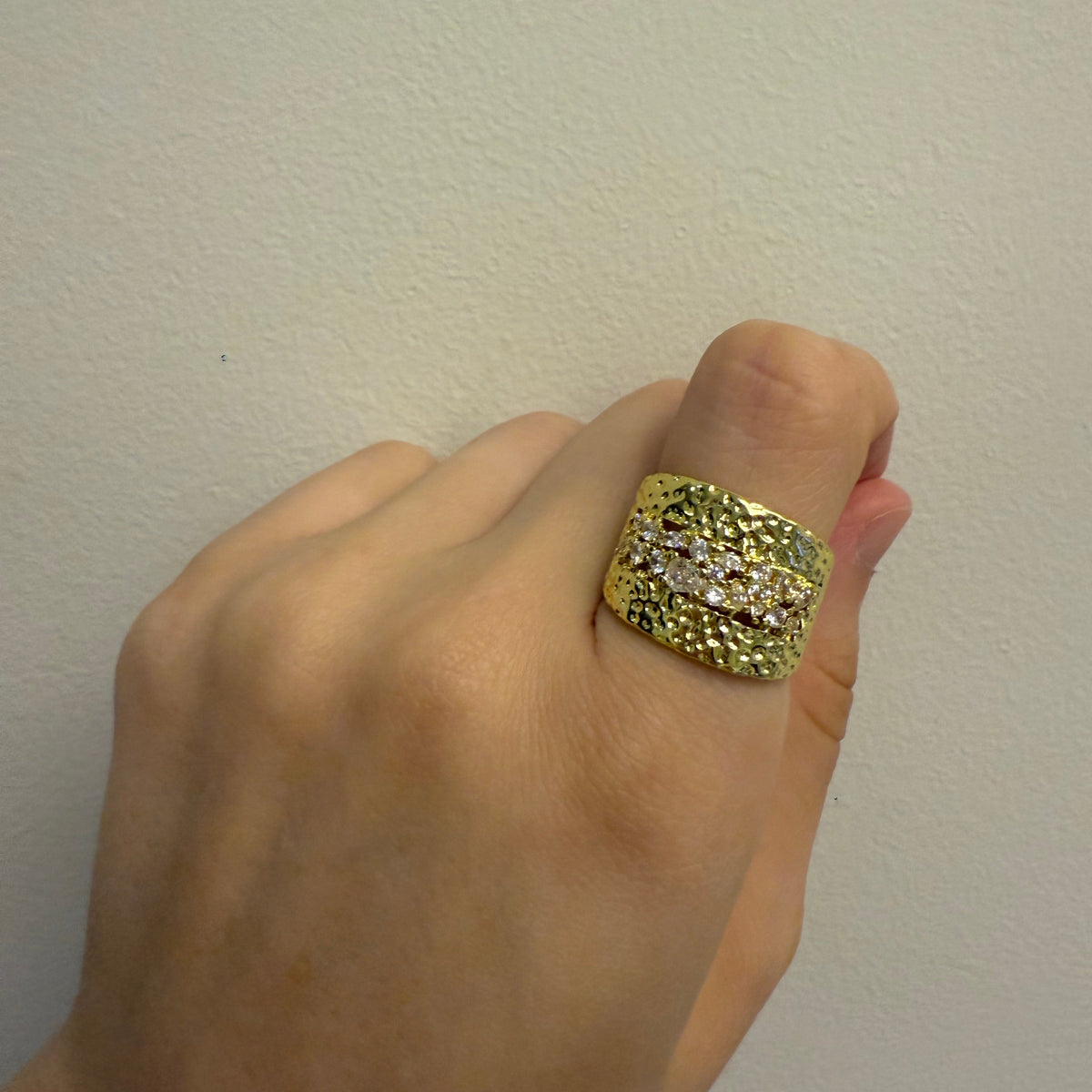 Gold Hammered Crystal Band Ring