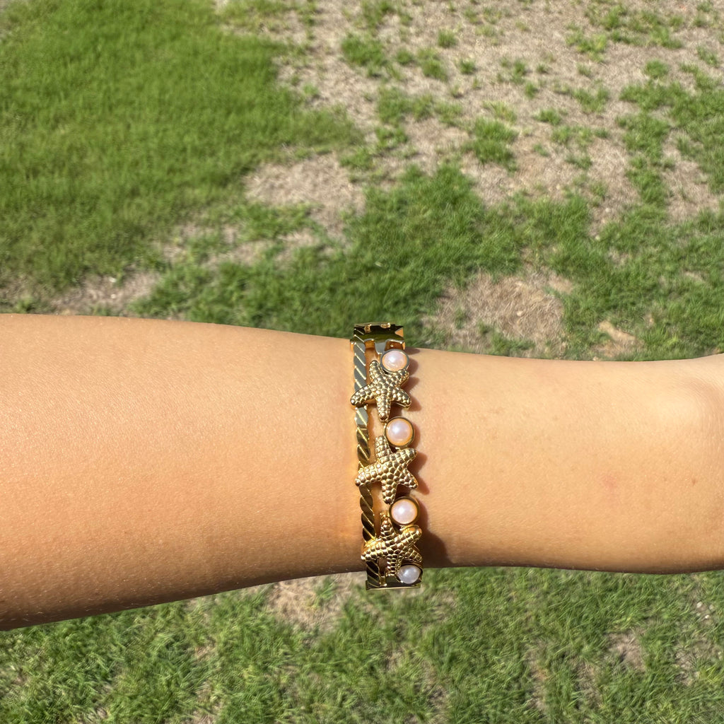 Gold Starfish Pearl Bangle