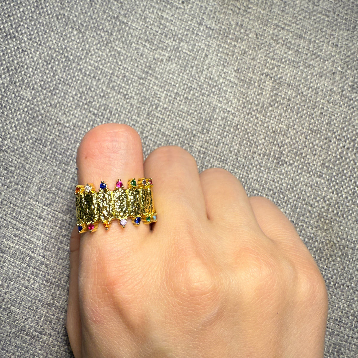 Gold Hammered Rainbow Stone Ring