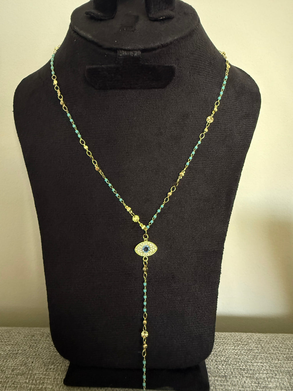 Gold Turquoise Bead Evil Eye Lariat Necklace