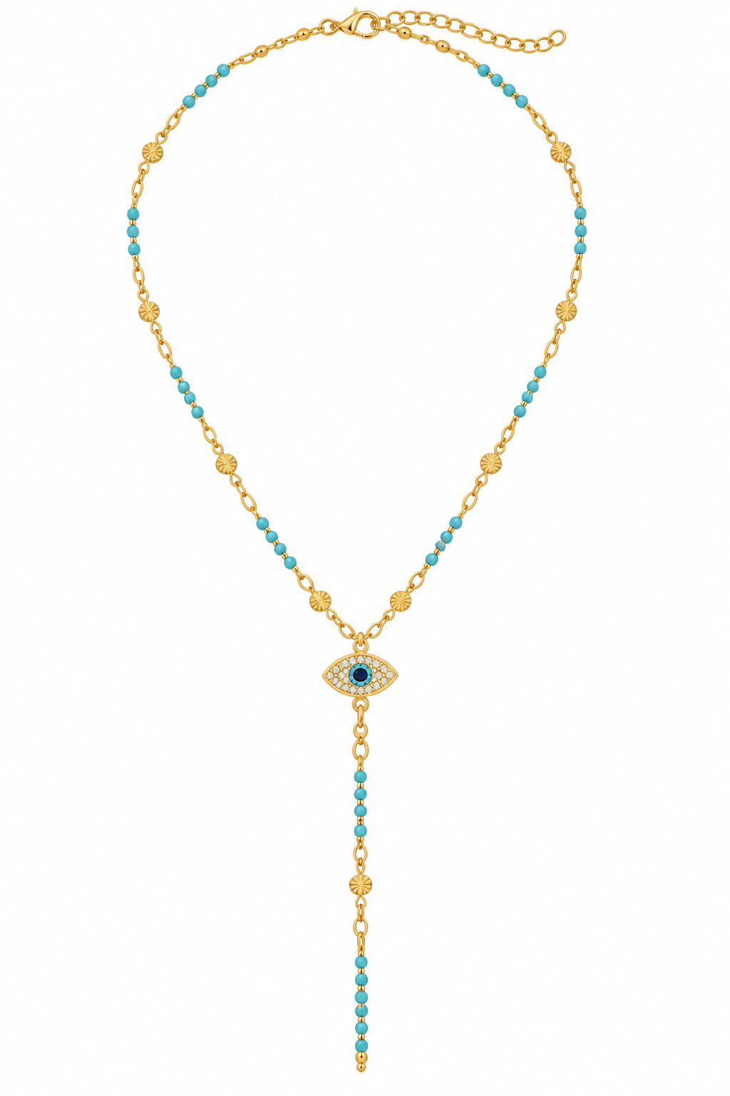 Gold Turquoise Bead Evil Eye Lariat Necklace