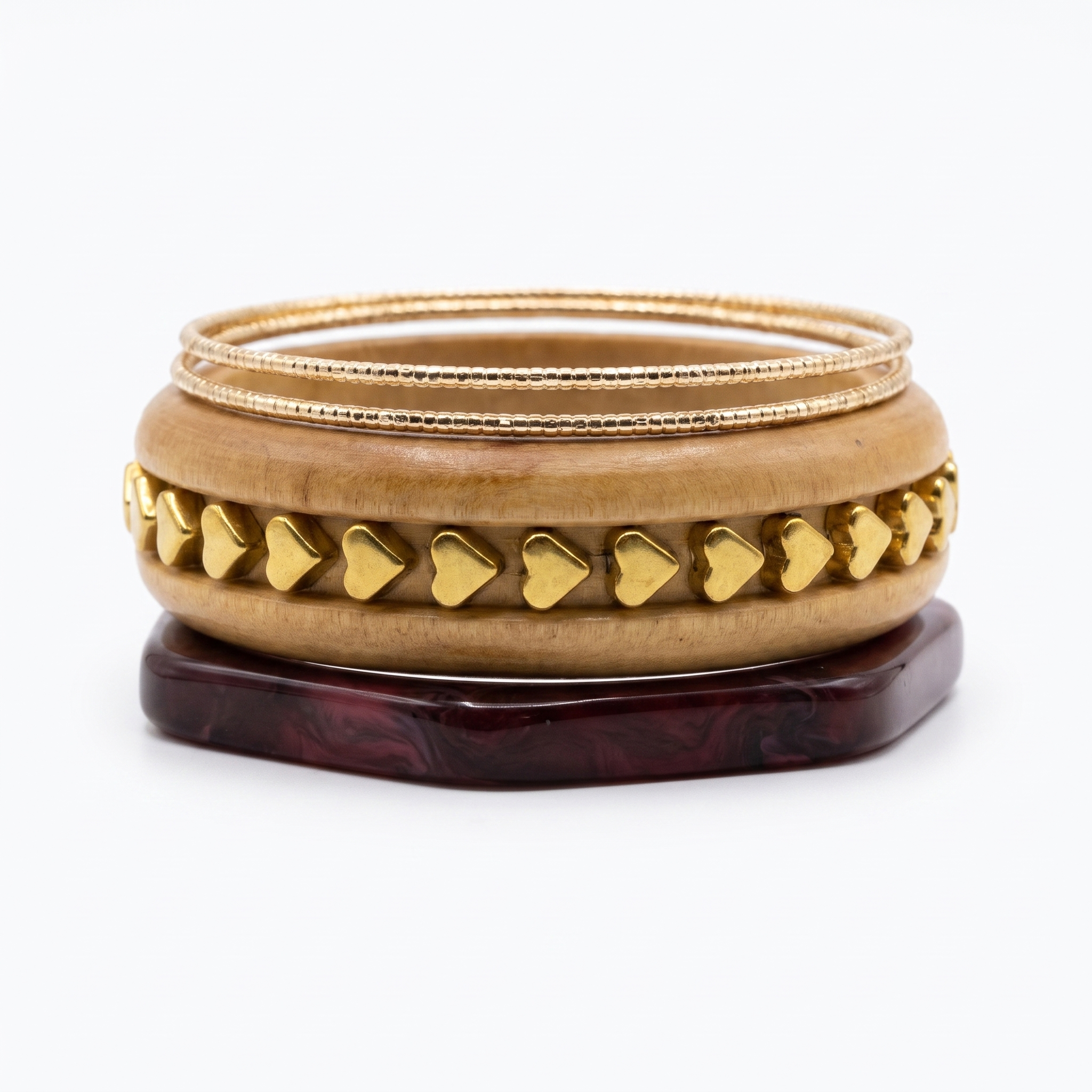 Wood & Gold Stud Bangle Set