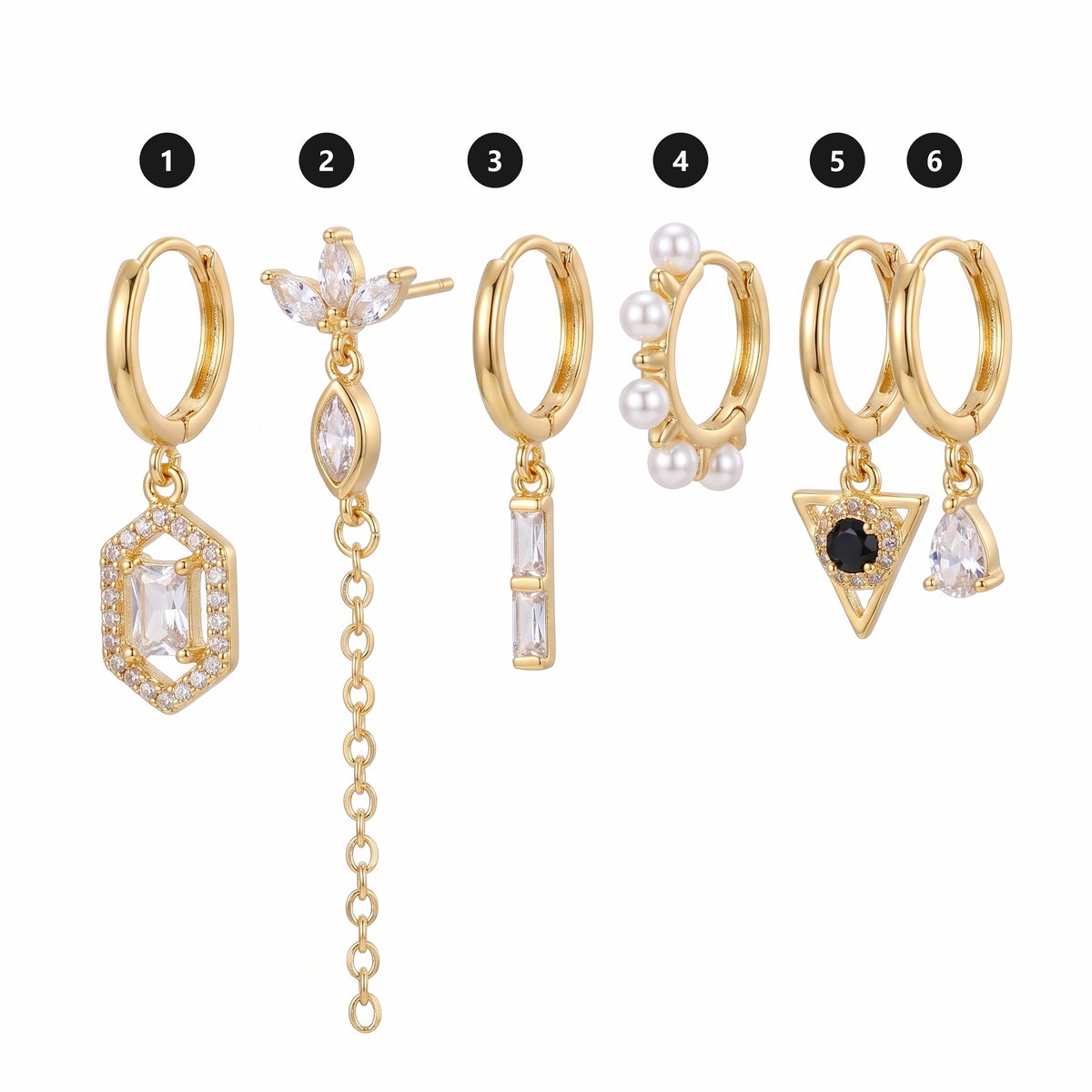 Gold Crystal & Pearl Huggie Piercing Set - pieces numbered 1 to 6
